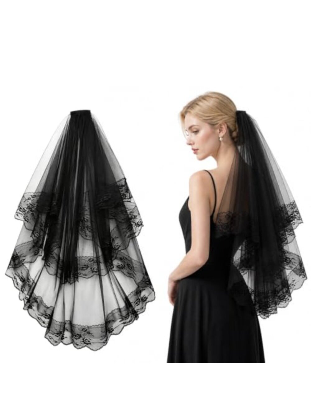 2 Tier Black Lace Veil Gothic Wedding Veil with Comb Tulle Rose Lace Bridal